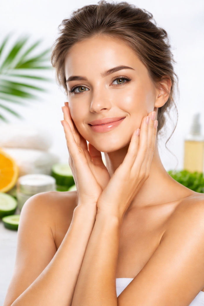 Woman with clear glowing skin demonstrating how to improve your skin condition through skincare and healthy lifestyle habits