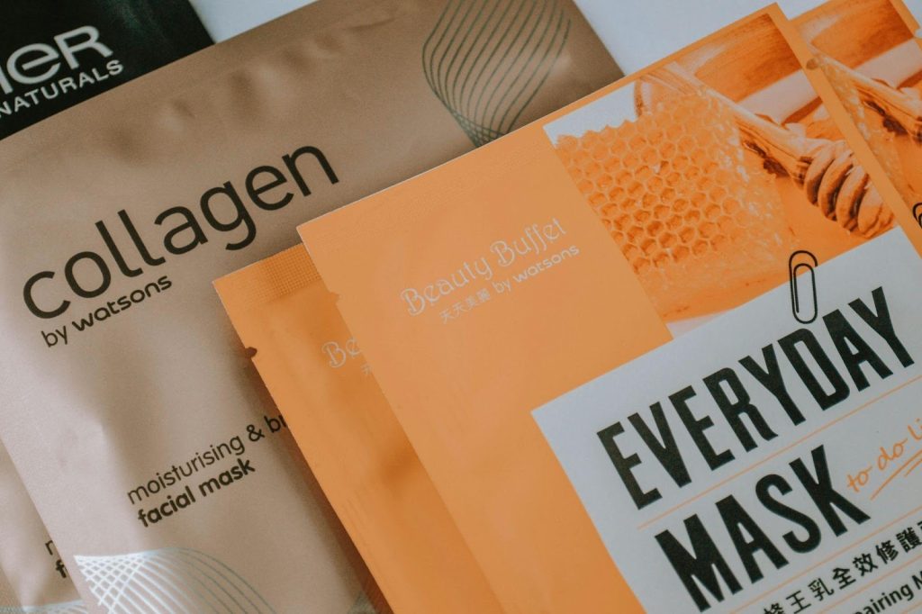 Wellness products including collagen and face masks representing creativity and well-being routines.