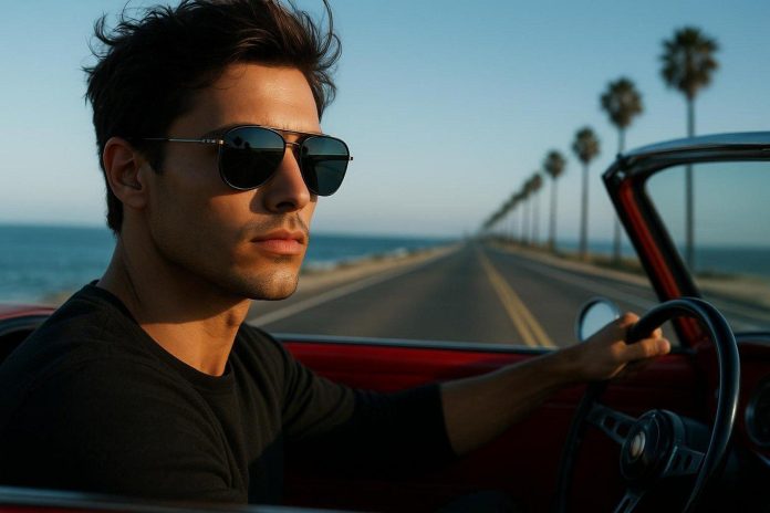 premium sunglasses online with person driving wearing UV protection eyewear