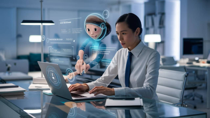 AI receptionist assisting a business professional at a laptop with virtual customer support interface