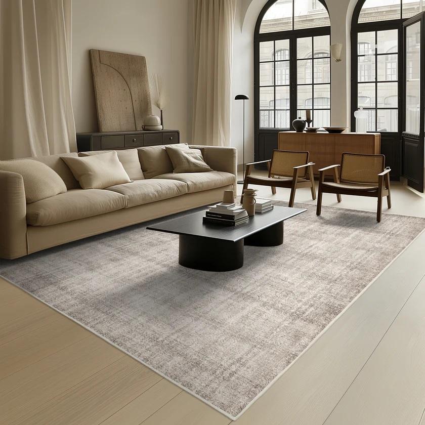 modern living room with neutral sofa and large area rug workspace design inspiration