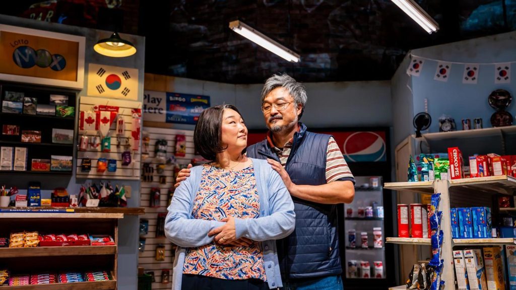 Kim’s Convenience stage scene featuring family moment inside the convenience store at Ahmanson Theatre
