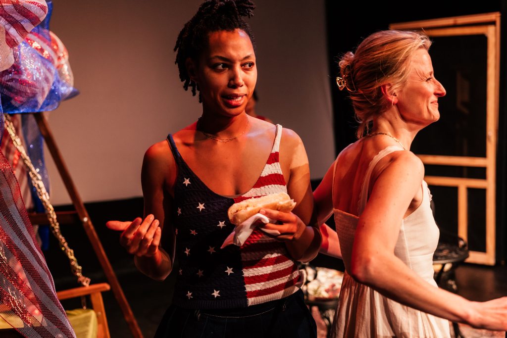 The Baptist Witches of Shelbyville scene with Angelie Simone and Mamie Gummer in conversation on stage