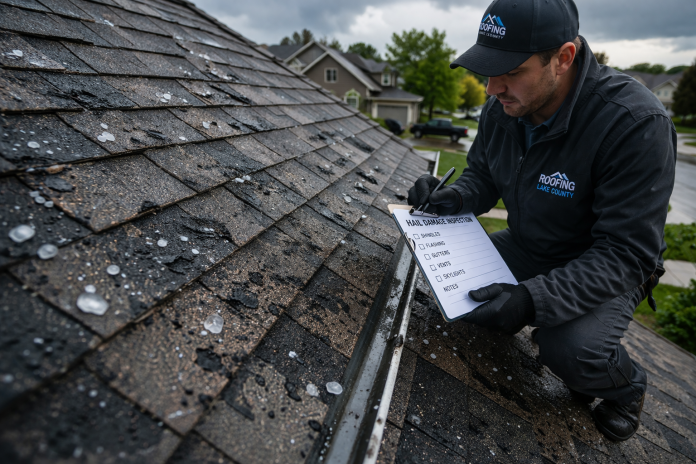 Roofing in Lake County inspection showing hail damage on shingles as a contractor documents storm damage