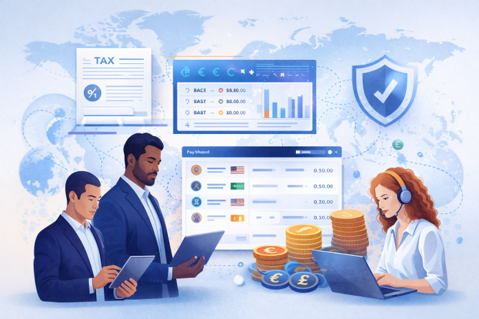 Global payroll challenges illustrated with international teams, currency management, compliance, and payroll data dashboards