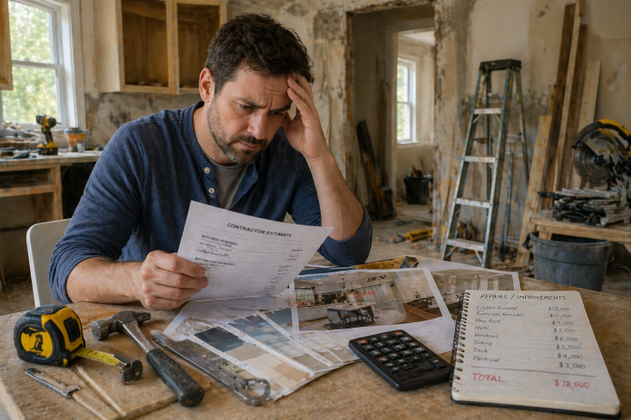 homeowner reviewing expensive home repair estimates during renovation with tools and unfinished kitchen in background