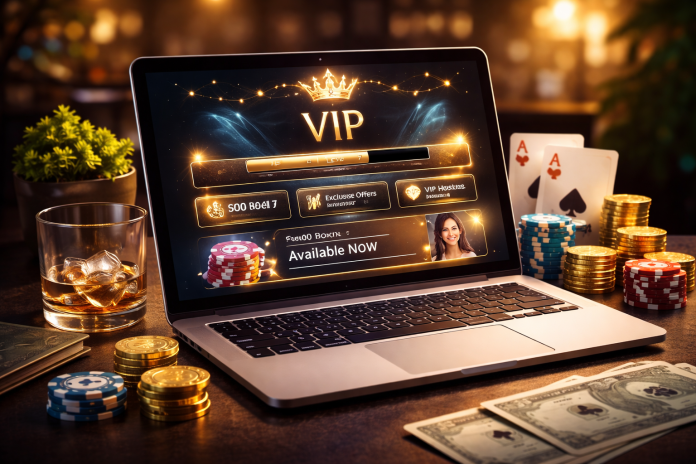 Laptop displaying VIP online gaming dashboard with coins, poker chips, and cards on table