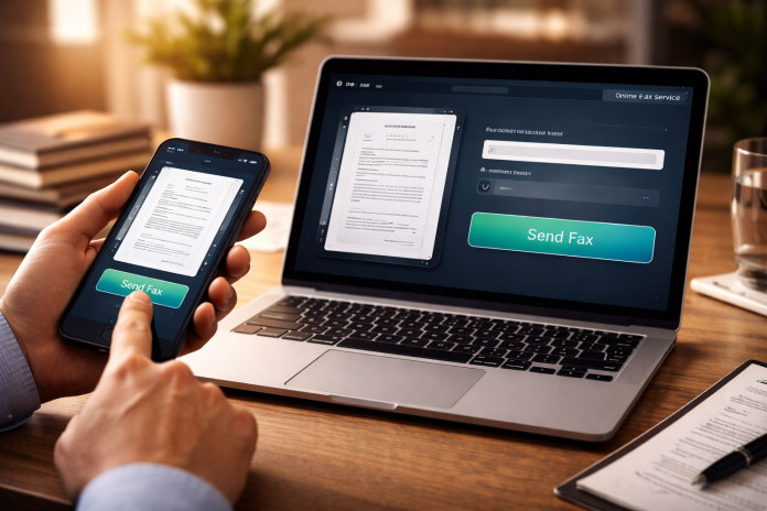 Person sending a document from smartphone to laptop using an online fax service in a modern workspace