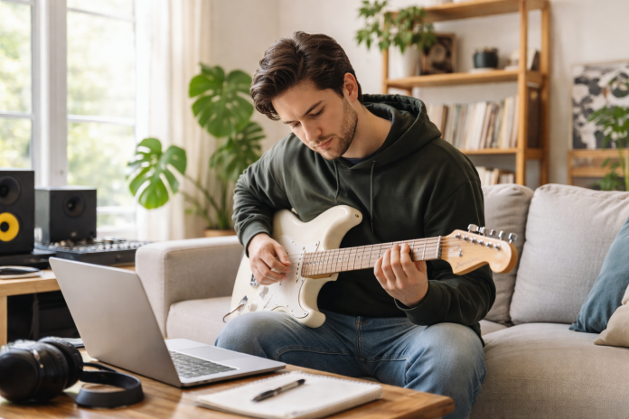 Musician practicing electric guitar on a couch in a bright, modern living room with natural light, laptop and music equipment nearby