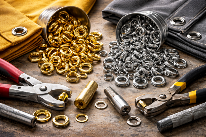 Brass and steel grommets side by side on a work surface with tools, showing gold brass and silver steel hardware for comparison