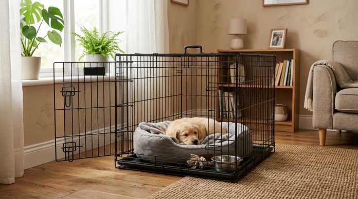 dog resting inside collapsible dog crate in modern home interior