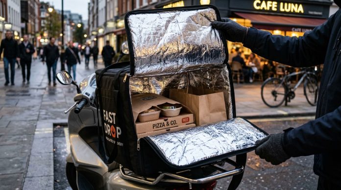 heat reflective liner inside food delivery bag with pizza and takeout on scooter