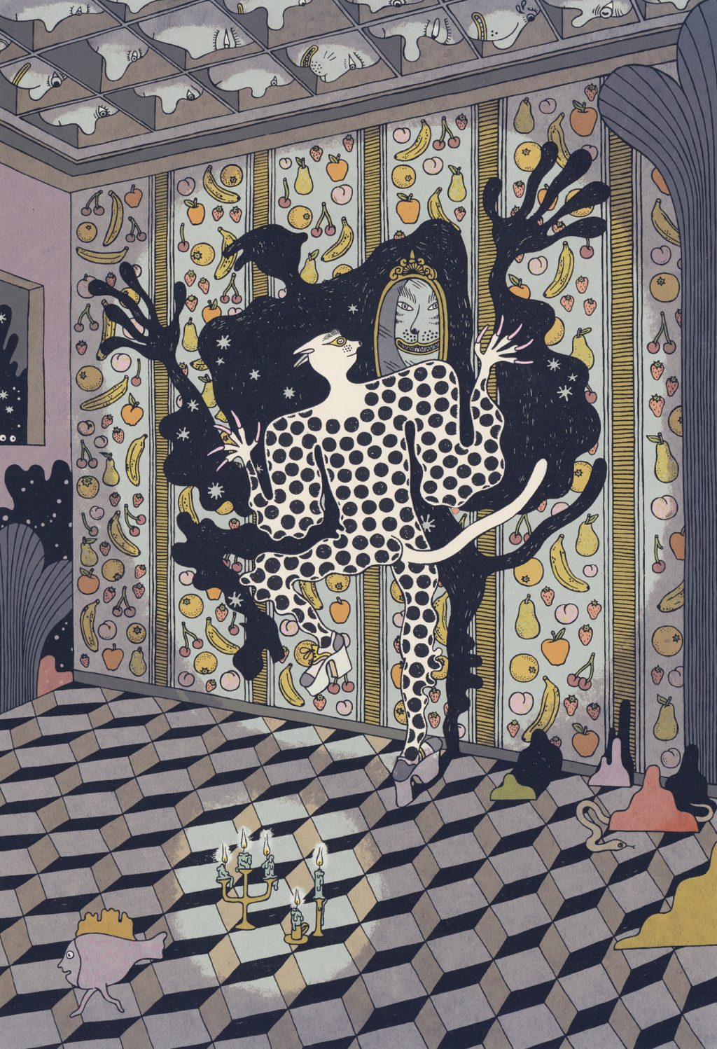 Daria Tessler, Mirror Cat Shadow, screenprint, 2025, featured at the Beverly Hills Art Show