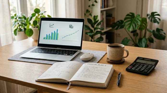 Monthly income scheme financial planning with laptop charts, notebook, and calculator