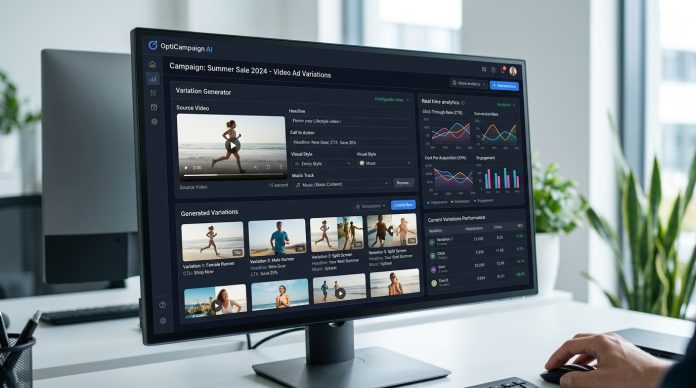 UGC-style AI avatars video ad dashboard showing multiple ad variations and performance analytics