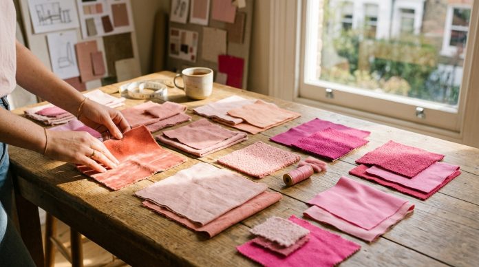 Decorating with pink using fabric swatches in blush, coral, and raspberry tones laid out in natural light