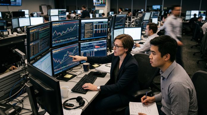 Forex traders analyzing multiple financial charts on computer screens in a trading office