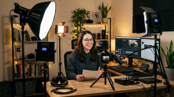 home video lighting setup with softbox LED panels and creator filming at desk