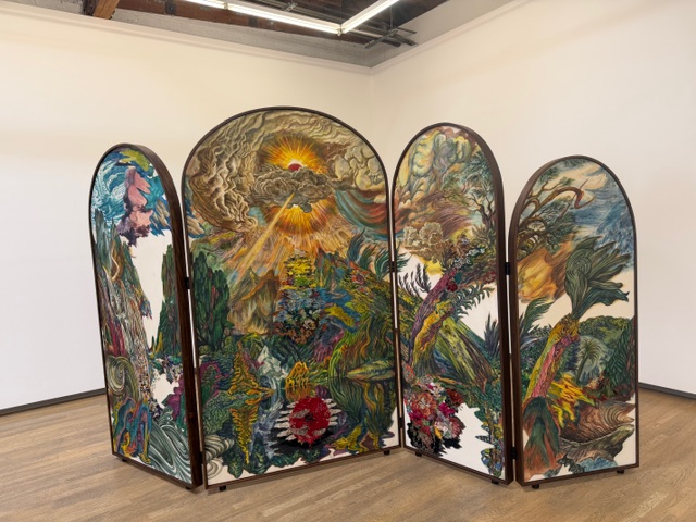 Ken Gun Mun Strange Days of a Quiet Sun folding screen installation with multiple painted panels in gallery