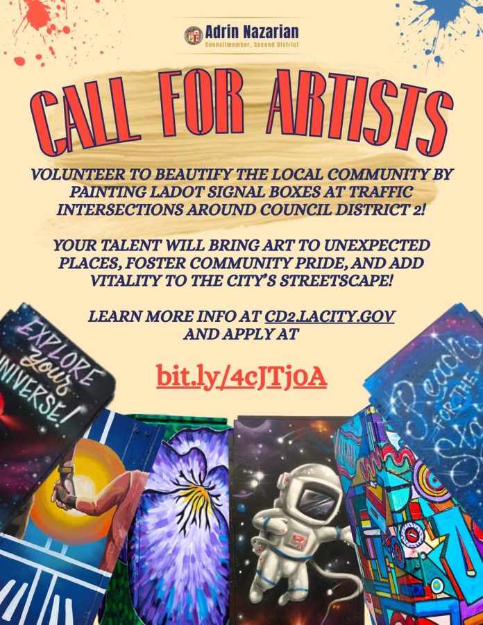 North Hollywood signal box art call for artists poster with painted traffic box designs and application info