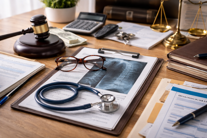 Desk scene with legal and medical items including a gavel, stethoscope, X-ray on a clipboard, glasses, calculator, cash, and paperwork, representing a personal injury claim process.