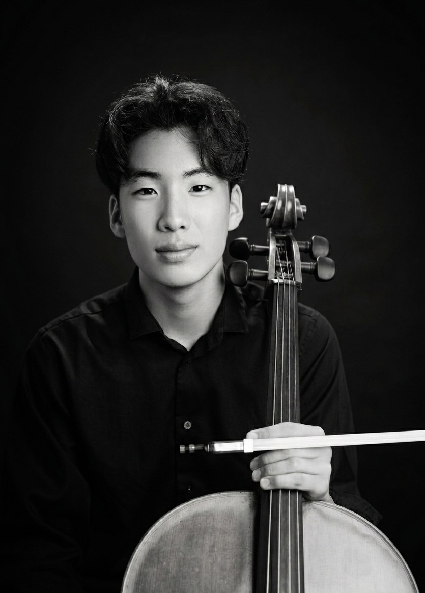 Noah Choi holding a cello in a black and white portrait
