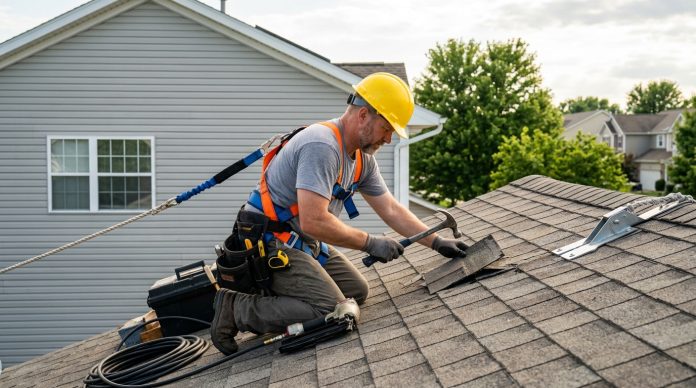 roofer repairing asphalt shingles on residential roof using safety harness