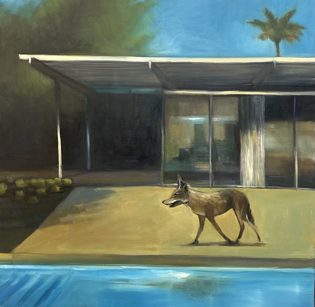 Scott Yeskel, Coyote by the Pool, oil on canvas, 2025, featured at the Beverly Hills Art Show
