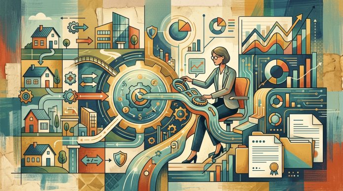 Abstract illustration of commercial real estate tax strategy showing property data, charts, and financial analysis systems