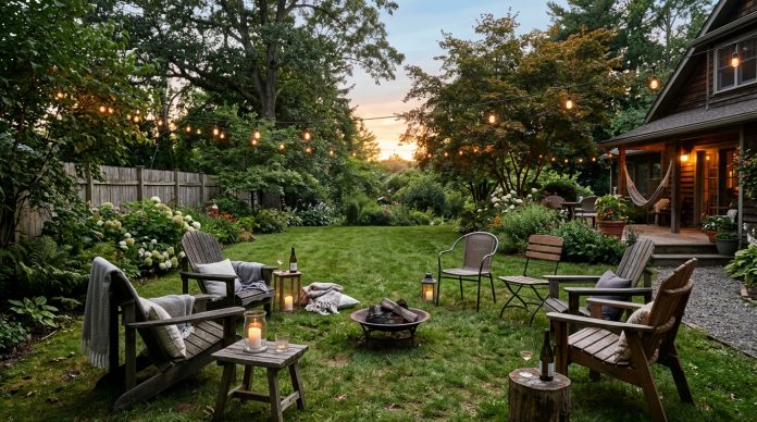 Backyard garden prepared for a firework show with seating area and clear open launch space