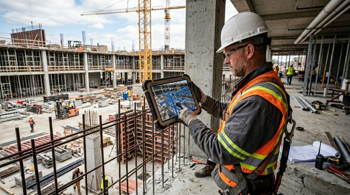 construction worker using tablet on job site to simplify complex construction processes