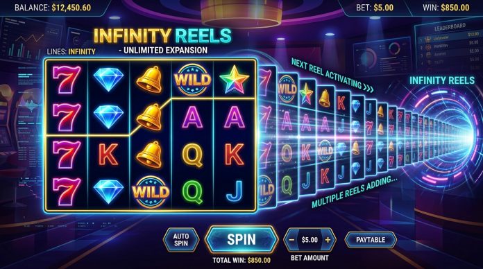 minimal slot machine UI infinity reels expanding reels dark background neon glow clean interface no people