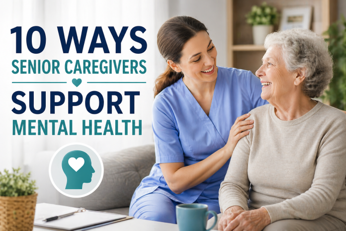 senior caregiver supporting elderly person with companionship and emotional care in home setting