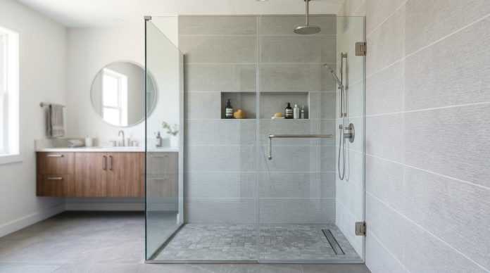 Frameless glass shower enclosure highlighting large tile walls and clean bathroom design