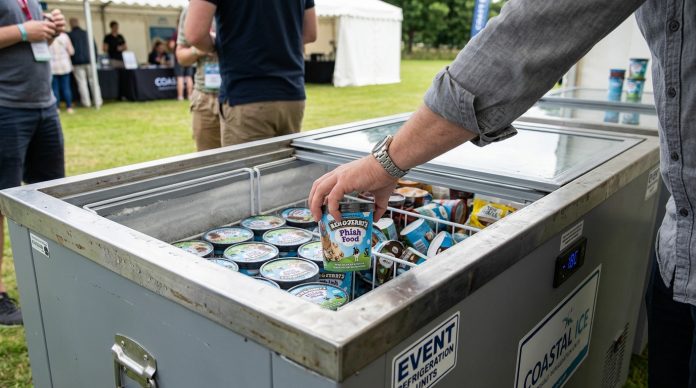Portable freezer at an outdoor event holding ice cream with active event refrigeration setup