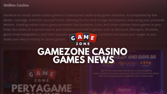 GameZone casino games news graphic with online casino interface and branding for digital gaming updates and features