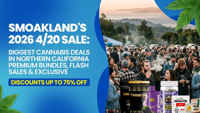 Crowd at outdoor 4/20 cannabis event in Northern California with Smoakland products and promotional sale display