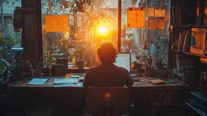 artist working at desk with notebook and laptop, warm sunlight through window, structured creative workspace