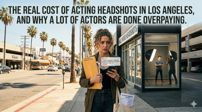 Actor in Los Angeles checking phone outside headshot studio, holding envelope and looking concerned about costs