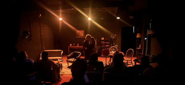 Wide shot of intimate theatre audience and stage during An Ode to Parenting performance
