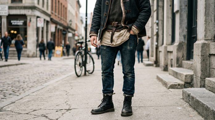Modern medieval inspired outfit with layered linen top, belt, and boots worn on an urban street