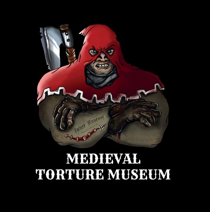 378711242_625005826500321_4445184325982710784_n Medieval Torture Museum logo featuring a hooded executioner with crossed arms, dark gloves, stitched scars, and a large axe against a black background with bold white text.