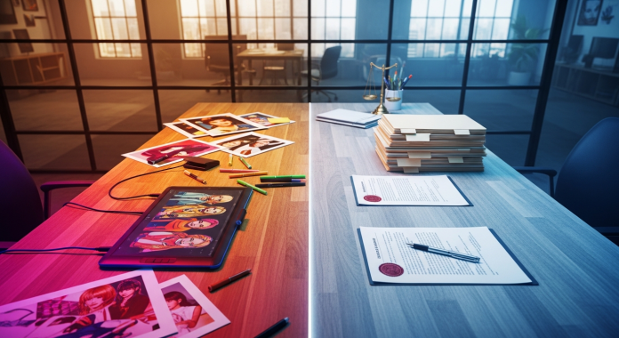 Split workspace showing the contrast between fan art creation and copyright law, with digital character illustrations, printed artwork, legal documents, and intellectual property paperwork arranged across a modern office table.
