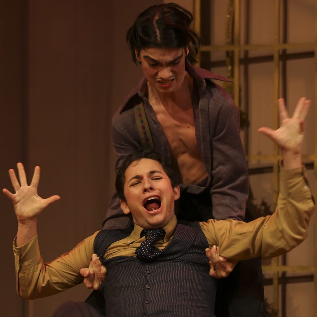 Actors perform chaotic physical comedy scene during LAPC Theatre’s fast-paced production of A Flea in Her Ear