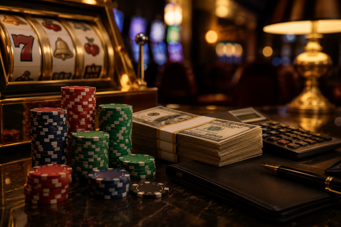 Stacks of casino chips, cash, calculator, and slot machine in a luxury casino setting representing gambling winnings and tax planning