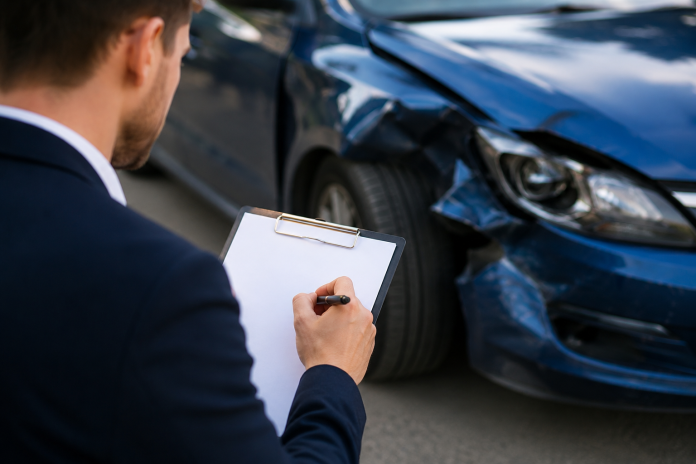 Insurance adjuster inspecting vehicle damage and documenting diminished value auto claim after a car accident