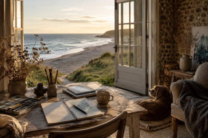 Rustic North Norfolk coastal cottage interior with ocean view, art supplies, and warm sunset light creating a peaceful creative retreat atmosphere