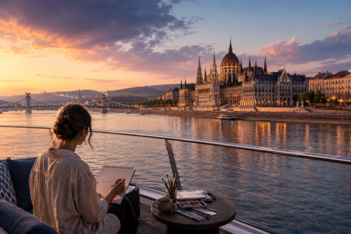 Artist sketching beside the Danube River at sunset with historic European architecture and riverfront city skyline in the background