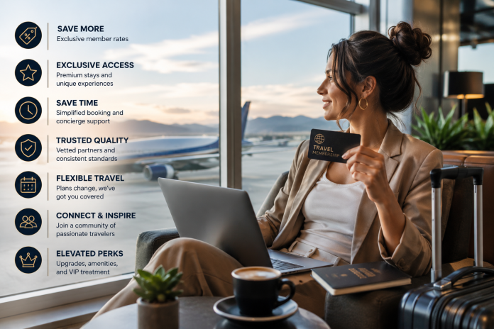Business traveler relaxing in an airport lounge while holding a travel membership card beside a laptop, coffee, and suitcase with an airplane visible through large terminal windows.