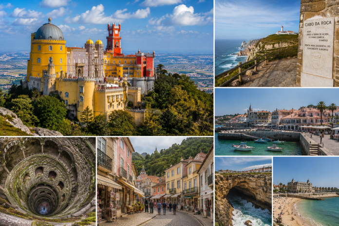 Travel collage featuring Pena Palace in Sintra, Cabo da Roca cliffs, Quinta da Regaleira’s spiral well, Cascais waterfront, Boca do Inferno, and colorful streets and beaches along the Portuguese coast.